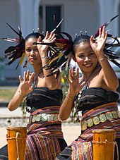 Two women dancing in traditional outfits incorporating feathers and tais cloth