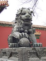 A Chinese guardian lion outside Yonghe Temple, Beijing, Qing dynasty, c. 1694