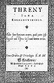 Copertina del Treny (1580) di Jan Kochanowski, una raccolta di elegie sulla morte della figlia dell'artista: è considerata una delle opere più importanti della letteratura polacca