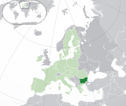 Location of  Bulgaria  (green) – on the European continent  (light-green & grey) – in the European Union  (light-green)  —  [Legend]