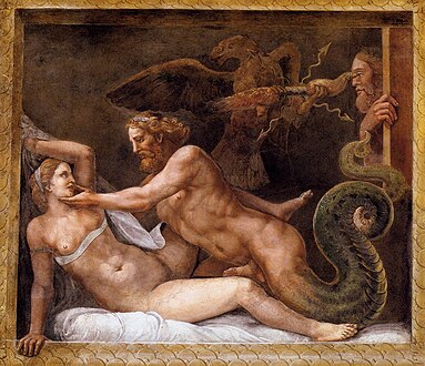 Jupiter seducing Olympia, Giulio Romano. Fresco. In the hall of cupid and Psyche in the Te palace in Mantua. Between 1526 to 1528