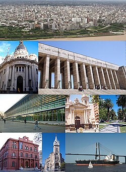 Clockwise frae top: the National Flag Memorial's touer an propylaeum, aerial view o the ceety, Rosario-Victoria Bridge an the Palacio de los Leones.