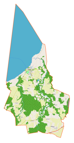 Mapa konturowa gminy Frombork, blisko centrum na lewo znajduje się punkt z opisem „Frombork”