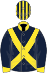 Dark blue, yellow cross sashes, collar and cuffs, striped cap