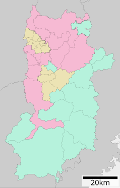 Mapa konturowa prefektury Nara, u góry po lewej znajduje się punkt z opisem „Powiat Ikoma”