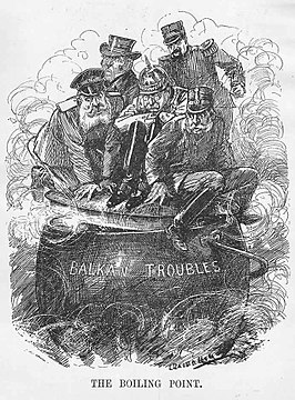 De Britse karikatuur "The Boiling Point" stelde de mogendheden voor als de hoeders van de "Balkan Troubles", hoewel het de mogendheden waren die op het Congres van Berlijn (1878) het schiereiland in rivaliserende staten hadden opgedeeld.