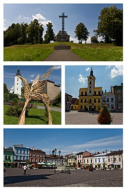 Top: Papal Cross on Kaplicówka Hill. Centre left: Pegasus statue in front of St Peter and Paul's Church. Centre right: Town Hall. Bottom: Main Square