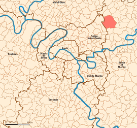 Location (in red) within Paris inner and outer suburbs