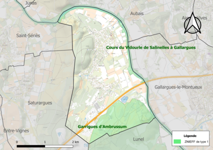 Carte des ZNIEFF de type 1 sur la commune.