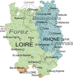 Der Regierungsbezirk von Lyon im XVIII. Jahrhundert mit den Provinzen Lyonnais, Forez und Beaujolais und den aktuellen Gemeinden und Départements.