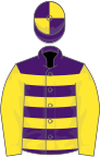 Purple and yellow hoops, yellow sleeves, quartered cap