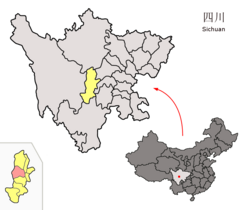 Location of Tianquan County (red) within Ya'an City (yellow) and Sichuan