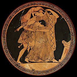 Attische roodfigurige kylix, geschilderd door Douris, ca. 490 v.Chr. Toont de strijd van Peleus om de zeenimf Thetis te onderwerpen voorafgaand aan hun huwelijk.