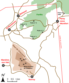 Carte localisant les travaux miniers et les villages.