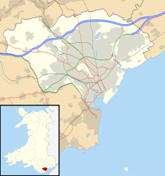 Mapa konturowa Cardiff, w centrum znajduje się punkt z opisem „Archikatedra św. Dawida w Cardiff”