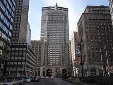 The Beaux-Arts Helmsley Building, a skyscraper in front of the more modern MetLife Building