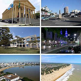 De cima para baixo, da esquerda para a direita: Câmara de Vereadores de Campos, AV. Dr. Nilo Peçanha, Universidade Estadual do Norte Fluminense, Praça do Santíssimo Salvador, Vista panorâmica da cidade, e Praia Farol de São Thomé.