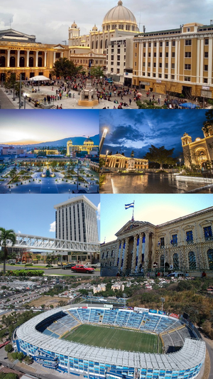 Images, from top, left to right: Plaza Morazán, Plaza Libertad, Plaza Gerardo Barrios, Torre Roble Metrocentro, National Palace (El Salvador), Estadio Cuscatlan