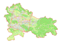 Mapa konturowa gminy miejskiej Lublana, po lewej znajduje się punkt z opisem „Narodowa Galeria Słowenii”