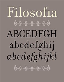 Simple specimen of Filosofia showing the word "Filosofia," some roman capitals and lowercase letters, and italic lowercase letters set in Filosofia.