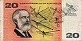 Ausztrál 20 dolláros bankjegy hátoldala Lawrence Hargrave portréjával, 1966-1974 közötti változat, "COMMONWEALTH OF AUSTRALIA" felirattal.