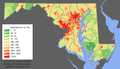 Image 9Maryland population distribution map; Maryland's population is concentrated mostly in the Washington–Baltimore combined statistical area. (from Maryland)