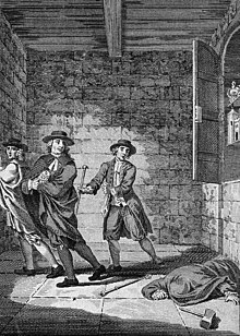 Black-and-white sketch of Thomas Blood and two of his accomplices stealing objects from the Jewel House. The regalia cupboard is partially open, and a man lies wounded on the floor.