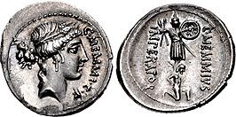 Denarius met Ceres afgebeeld. Geslagen door Caius Memmius, 56 v.Chr..