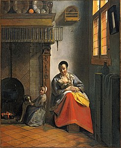 Femme allaitant un nouveau-né, avec un enfant et un chien, 1658-1660.