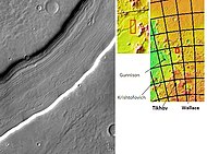 Lineated floor deposits in Reull Vallis, seen by THEMIS. Click on image to see relationship to other features. Image located in Hellas quadrangle.