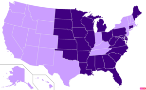 States in the United States by Mainline or Black Protestant population according to the Pew Research Center 2014 Religious Landscape Survey.[248] States with Mainline or Black Protestant population greater than the United States as a whole are in full purple.