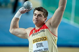 David Storl, terwijl hij zich opmaakt voor zijn worp tijdens de WK indoor in Istanboel, 2012