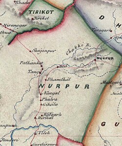 Detail of the territory of Nurpur from a map of the various Hill States of the Punjab Hills region, copied in 1852. Parts of its borders has not been fully demarcated on the map.