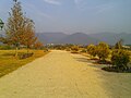 A walking track in the Park, with the Margalla Hills in the background