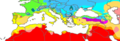 Mapa del Mediterrani amb les classificacions climàtiques de Köppen: Csa & Csb s'observen en groc.