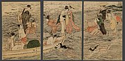 Triptych Ukiyo-e print of Japanese ama divers catching abalone (1788–1790) by Utamaro