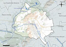 Carte en couleur présentant le réseau hydrographique de la commune