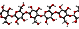 ▵ Structuurformule en molecuulmodel van cellulose