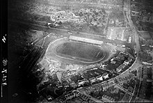 B&W photo of the stadium from the air