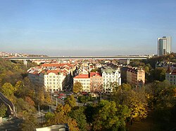 Nuselský most spanning the valley as seen from walls of Vyšehrad.