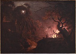 Wright of Derby, cottage on fire at night (Chaumière en feu la nuit).