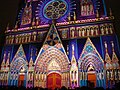 Front elevation of the cathedral by night during Festival of Lights (Lyon)