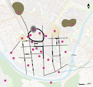 Carte des sites archéologiques de Vésone, la capitale romaine du peuple gaulois des Pétrocores et qui est aujourd'hui le quartier sud de la ville de Périgueux.