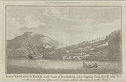 An old engraving shows the Endeavour beached on the shore of a bay, surrounded by wooded hills. An area of land has been cleared and tents set up. A small boat carrying eight men rows on the bay.