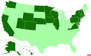 States in the United States by median family household income according to the U.S. Census Bureau American Community Survey 2013–2017 5-Year Estimates.[265] States with median family household incomes higher than the United States as a whole are in full green.