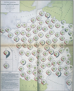 Mouvement quinquennial de la population par département depuis 1801 jusqu'en 1881. Dans la terminologie d'Émile Cheysson, il s'agit d'un « cartogramme à foyers diagraphique »[12].