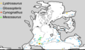 Distribution of four Permian and Triassic fossil groups used as biogeographic evidence for continental drift, and land bridging. Location of Mesosaurus remains shown by green squares