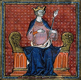 Hugo Capet als koning op zijn troon (miniatuur uit een 13e- of 14e-eeuws manuscript van de Grandes Chroniques de France, Bibliotheque Nationale).[1]