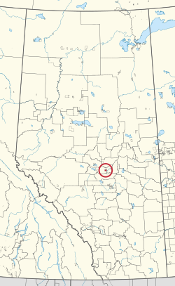 A map of the province of Alberta showing 80 counties and 145 small Indian reserves. One is highlighted with a red circle.