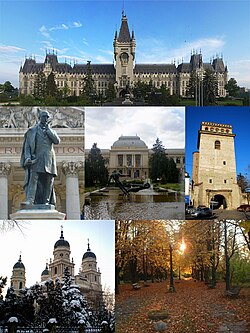 From top left: Palace of Culture, Vasile Alecsandri Statue in front of the National Theatre, Alexandru Ioan Cuza University, Golia Tower, Metropolitan Cathedral, and the Botanical Garden